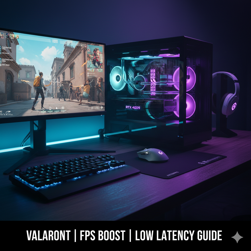 VALORANTのFPSを向上させるPC設定とゲーミングデバイスの画像。モニターにはVALORANTのゲーム画面、デスクにはWootingキーボードとLogicoolのマウスが置かれている。