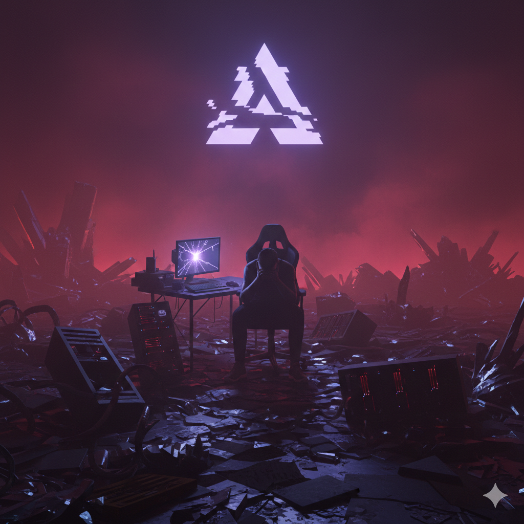 荒廃した戦場のような暗い背景の中、赤と紫のネオン光に照らされながら、デスクの前で頭を抱えて絶望するゲーマーのシルエット。画面上部にはバグを起こしたような三角形のネオンロゴが浮かび、孤独と停滞感を強調しているアイキャッチ背景画像。