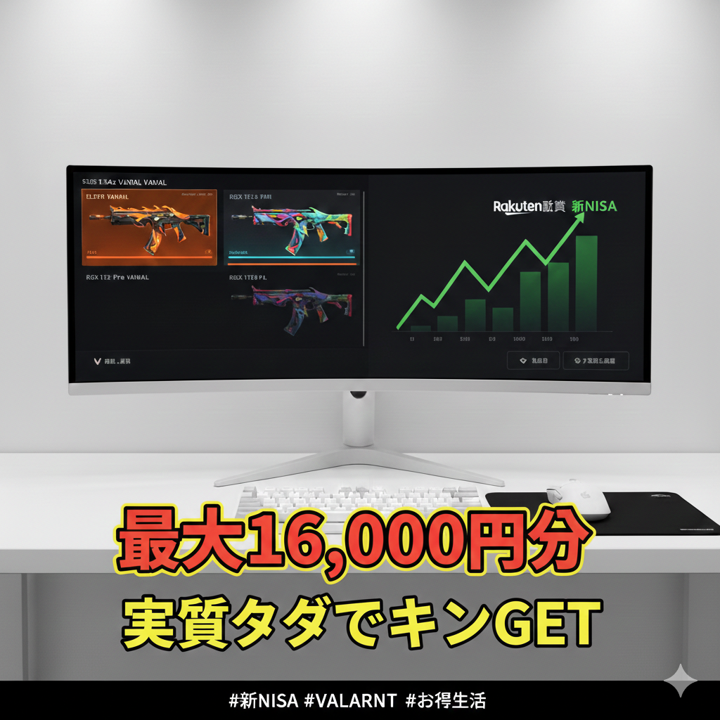 白いデスクに置かれたワイドモニターの画像。モニターにはVALORANTの武器スキンと上昇する株価チャートが映し出されている。手前には『最大16,000円分 実質タダでスキンGET』というインパクトのあるテキストが重なり、新NISAを活用した軍資金作りを表現している。