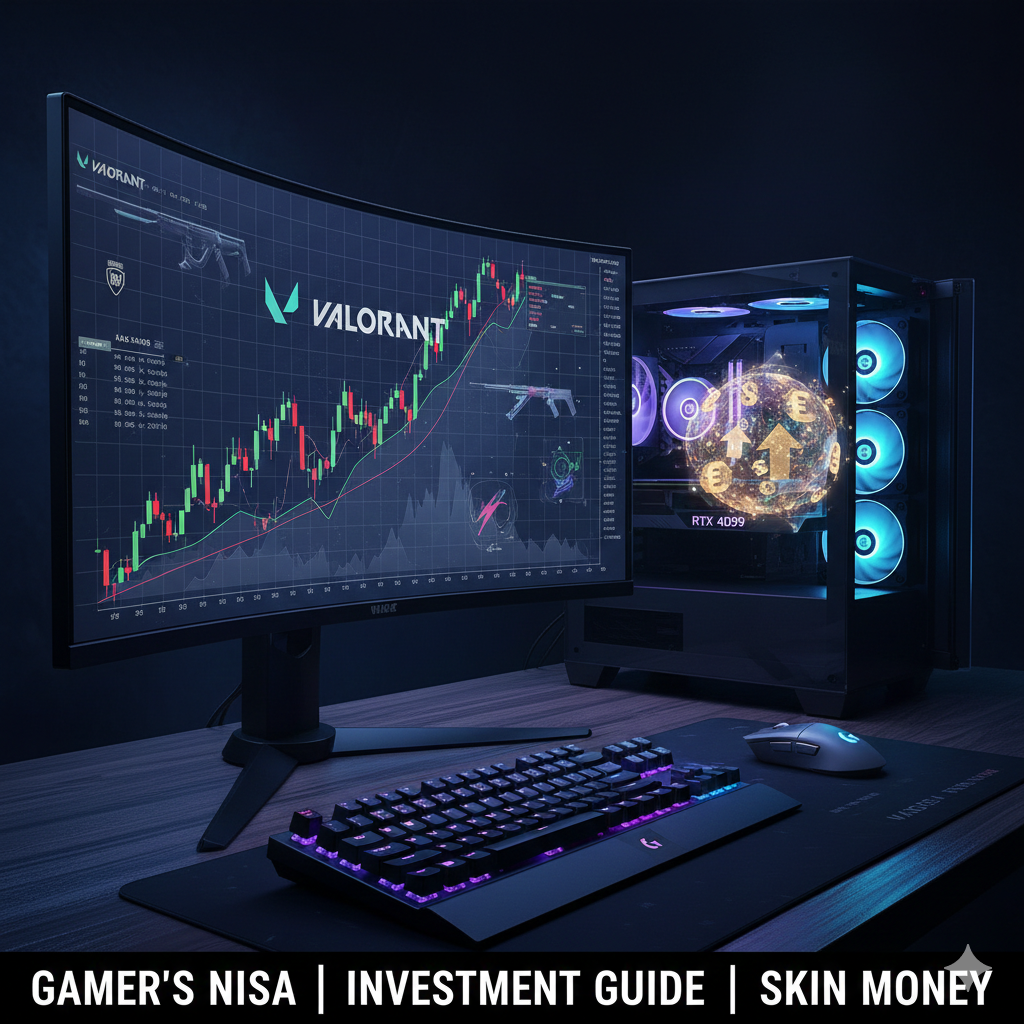 ゲーミングPCのモニターにVALORANTのロゴと株価チャートが重なって表示されている画像。手前には高級なゲーミングキーボードとマウスが配置され、ゲーマー向けの新NISA・投資ガイドをイメージしている。
