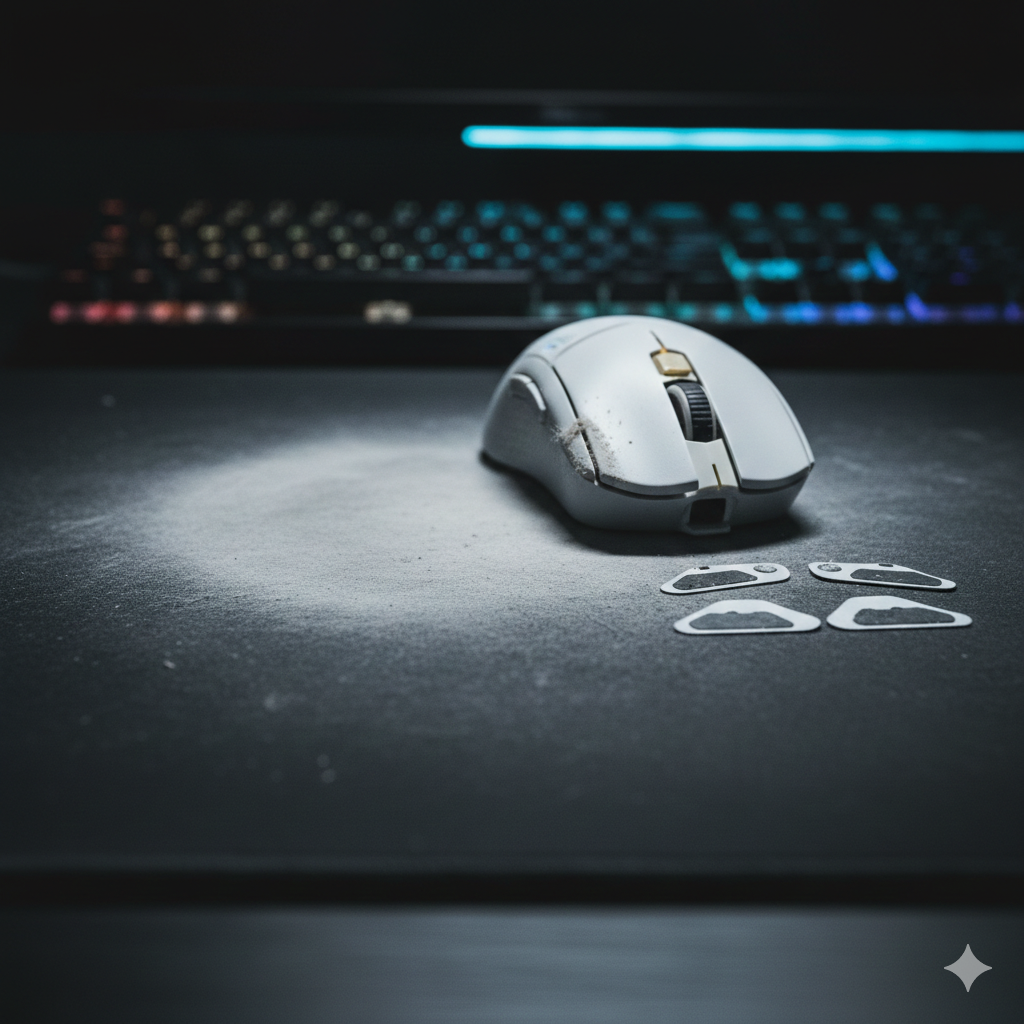 使い古されて中央が白く摩耗した黒いマウスパッドの画像。手前には剥がされたマウスソールが置かれ、ゲーミングマウスが寂しげなライティングの中に佇んでいる。マウスパッドの寿命とメンテナンスを表現した一枚。