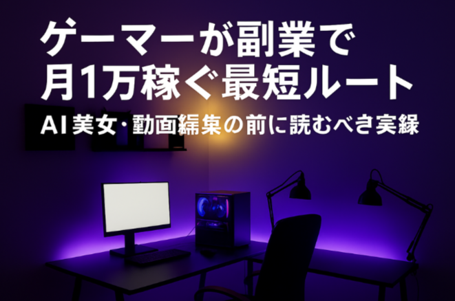 「ゲーミングマウスとキーボードが紫色のライトに照らされたスタイリッシュな背景に、『ゲーマーが副業で月1万稼ぐ最短ルート』というタイトルが中央に大きく配置されたアイキャッチ画像。下部には『AI美女NOTEや動画編集に手を出す前に知るべきこと』というサブタイトルが添えられている。」