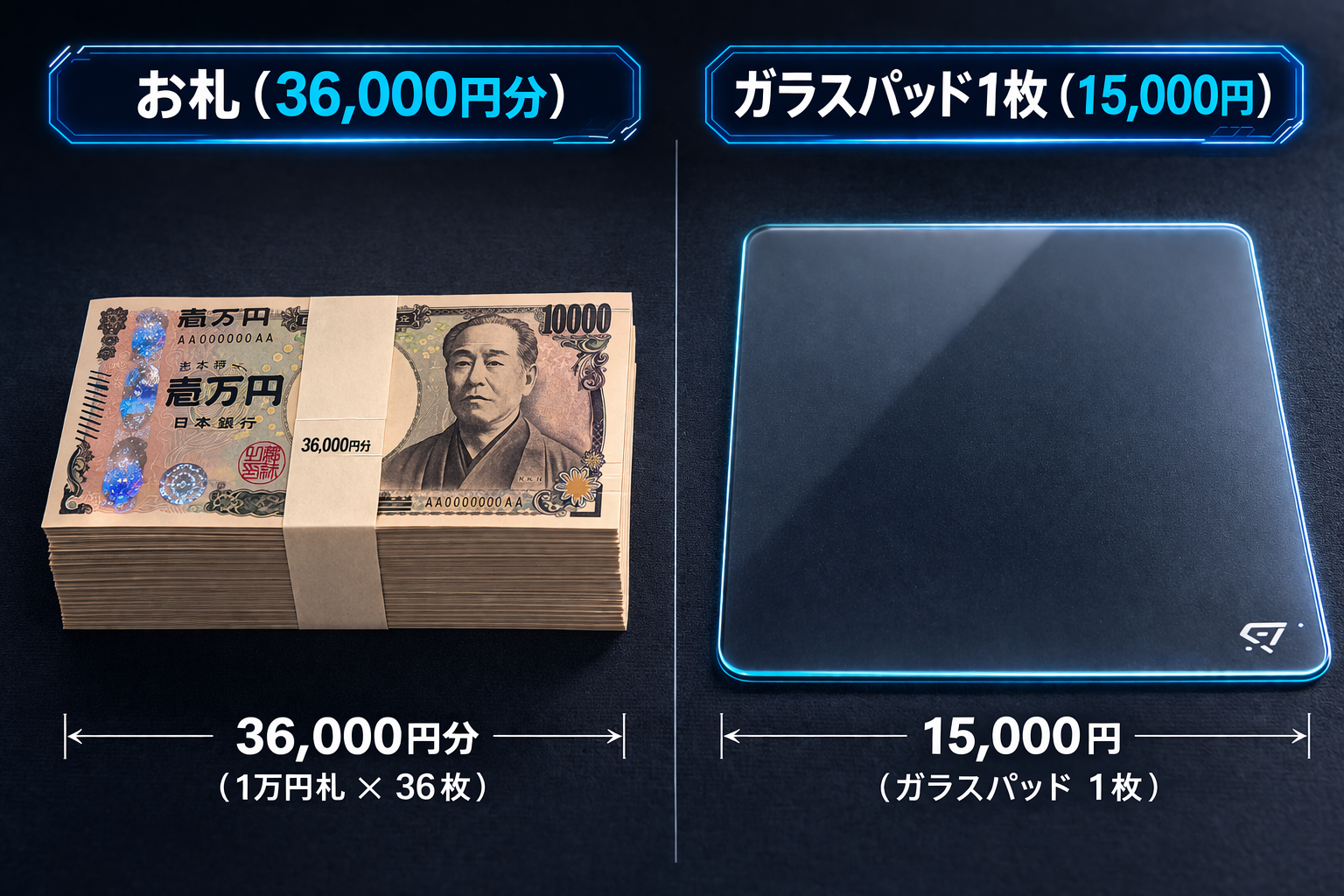 布マウスパッド3年分の買い替え費用（36,000円）とガラスマウスパッド1枚（15,000円）のコスト比較画像